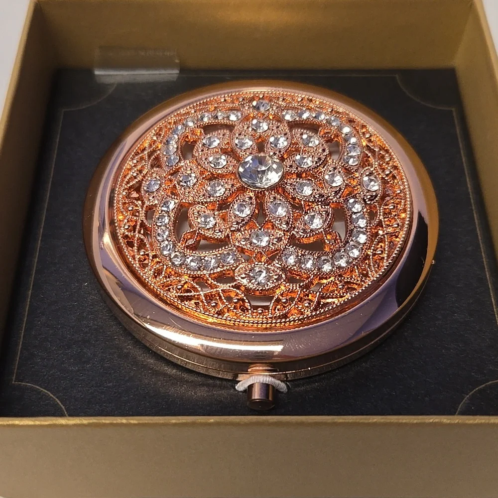 NIB Monet Rose Gold Compact Mirror with Crystal Accents - Picture 2 of 5